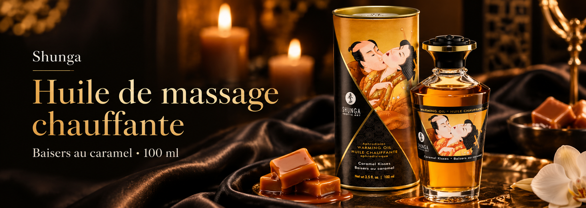 Bannière de l’huile de massage chauffante Shunga Baisers au Caramel 100 ml avec flacon, étui et caramels