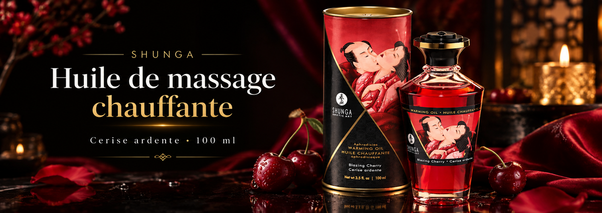 Bannière de l’huile de massage chauffante Shunga Cerise Ardente 100 ml avec flacon rouge, étui et cerises