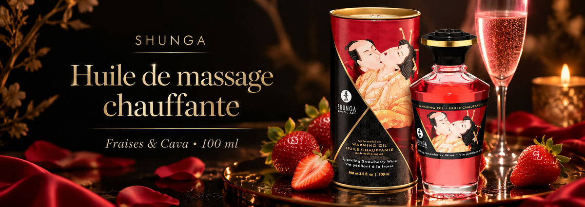 Bannière de l’huile de massage chauffante Shunga Fraises & Cava 100 ml avec flacon, étui, fraises et verre pétillant