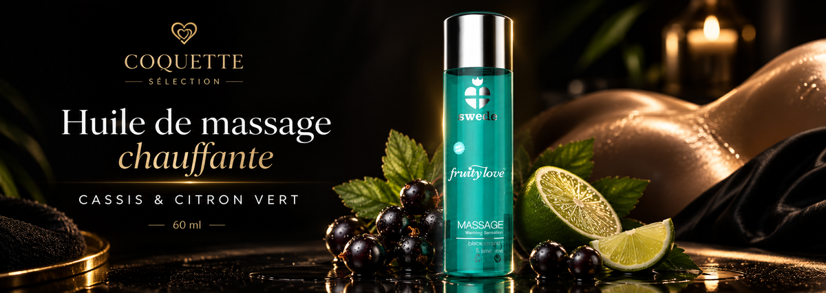 Bannière huile de massage chauffante Swede Fruity Love Cassis & Citron Vert 60 ml avec cassis et citron vert.