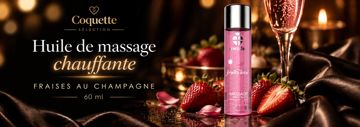 Bannière huile de massage chauffante Swede Fruity Love Fraises au Champagne 60 ml avec fraises et ambiance champagne.