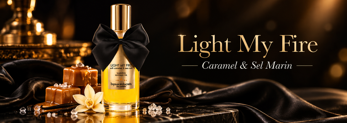 Bannière Light My Fire – huile de massage chauffante Caramel & Sel Marin 100 ml avec caramel, cristaux de sel et flacon Bijoux Indiscrets.