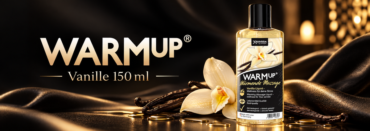Bannière WARMup Vanille 150 ml – liquide de massage chauffant Joydivision avec fleur et gousses de vanille sur fond noir et doré.