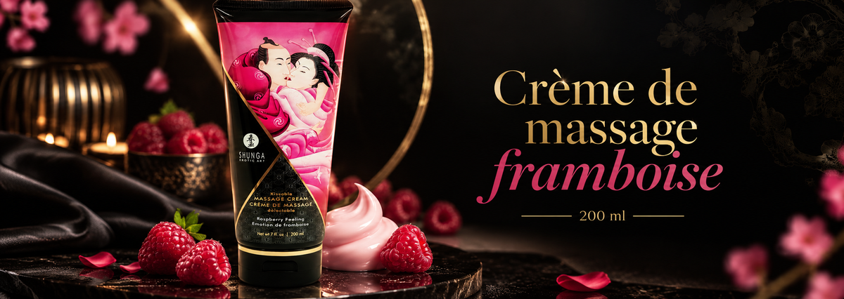 Bannière crème de massage délectable Framboise 200 ml – Shunga avec framboises et texture crémeuse sur fond noir et doré.
