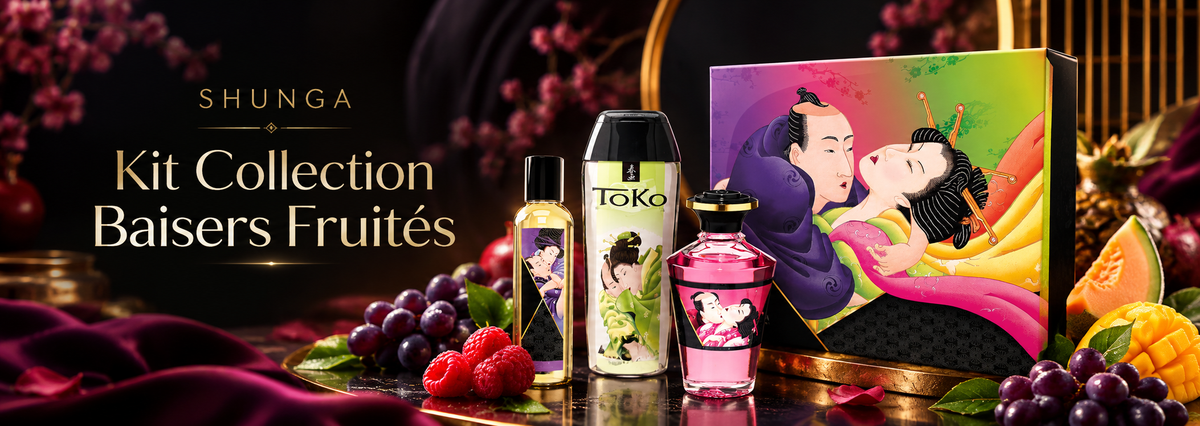Bannière du coffret Shunga Collection Baisers Fruités, présentant trois soins de massage et lubrification aux parfums fruits exotiques, framboise et melon-mangue, dans une ambiance luxueuse noire et dorée.
