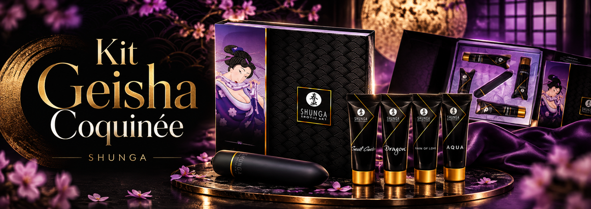 Bannière du Kit Geisha Coquinée Shunga avec coffret noir et violet, balle vibrante et quatre soins intimes, dans une ambiance japonaise élégante aux reflets dorés et violets.
