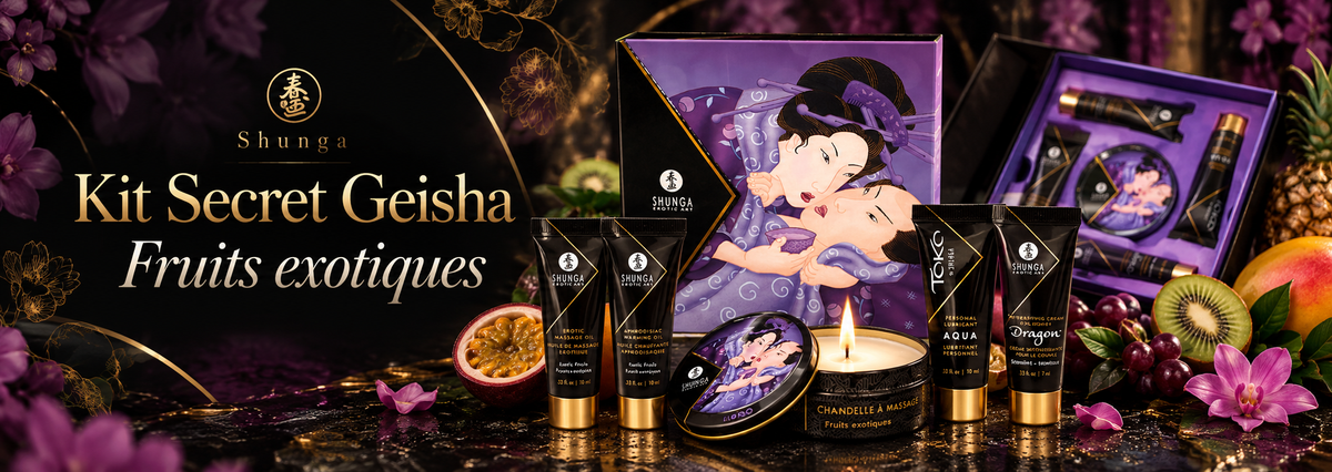 Bannière du coffret Shunga Secret Geisha Fruits Exotiques avec cinq soins de massage, bougie et coffret violet, entourés de fruits tropicaux sur fond noir aux reflets dorés.