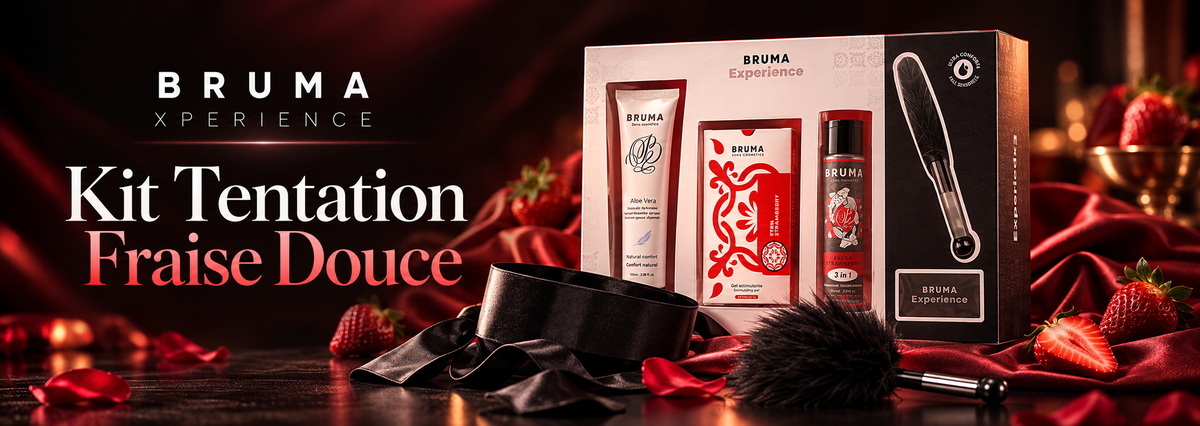 Bannière du coffret Kit Tentation Fraise Douce BRUMA Xperience, avec soins de massage à la fraise, bandeau en satin et plume de caresse, dans une ambiance élégante aux tons noir et rouge.