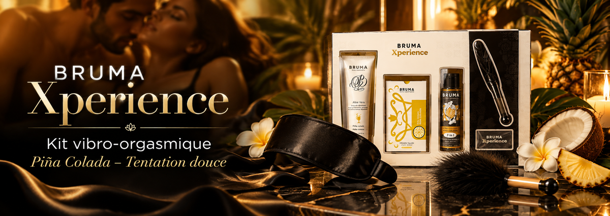 Bannière du kit BRUMA Xperience Piña Colada Tentation Douce, avec coffret de soins sensoriels, bandeau en satin et plume de caresse, dans une ambiance tropicale élégante aux tons noir et doré.
