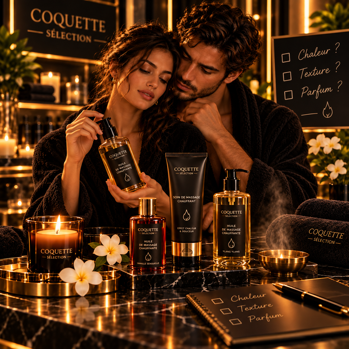 Couple dans une ambiance spa chaleureuse découvrant des huiles et soins de massage chauffants, avec flacons élégants, bougie et serviettes sur une table en marbre noir.