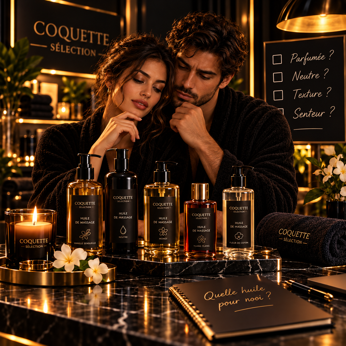 Image Coquette Sélection illustrant un guide d’achat sur les huiles de massage parfumées et neutres, avec un couple dans une ambiance spa premium noir et or, entouré de flacons d’huiles, bougie, fleurs blanches et serviettes.