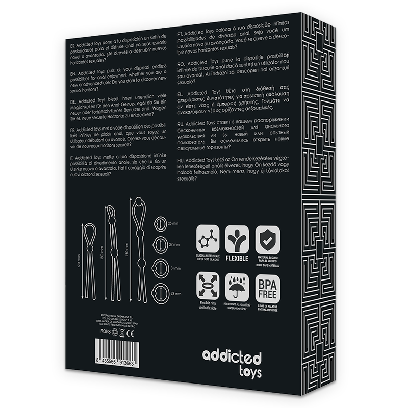 Dos du coffret Addicted Toys kit 7 anneaux péniens flexibles – tailles et caractéristiques