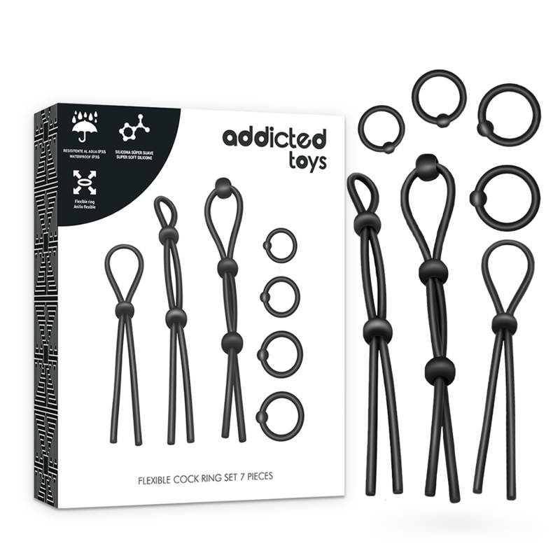 Kit 7 anneaux péniens en silicone noir Addicted Toys avec coffret et accessoires