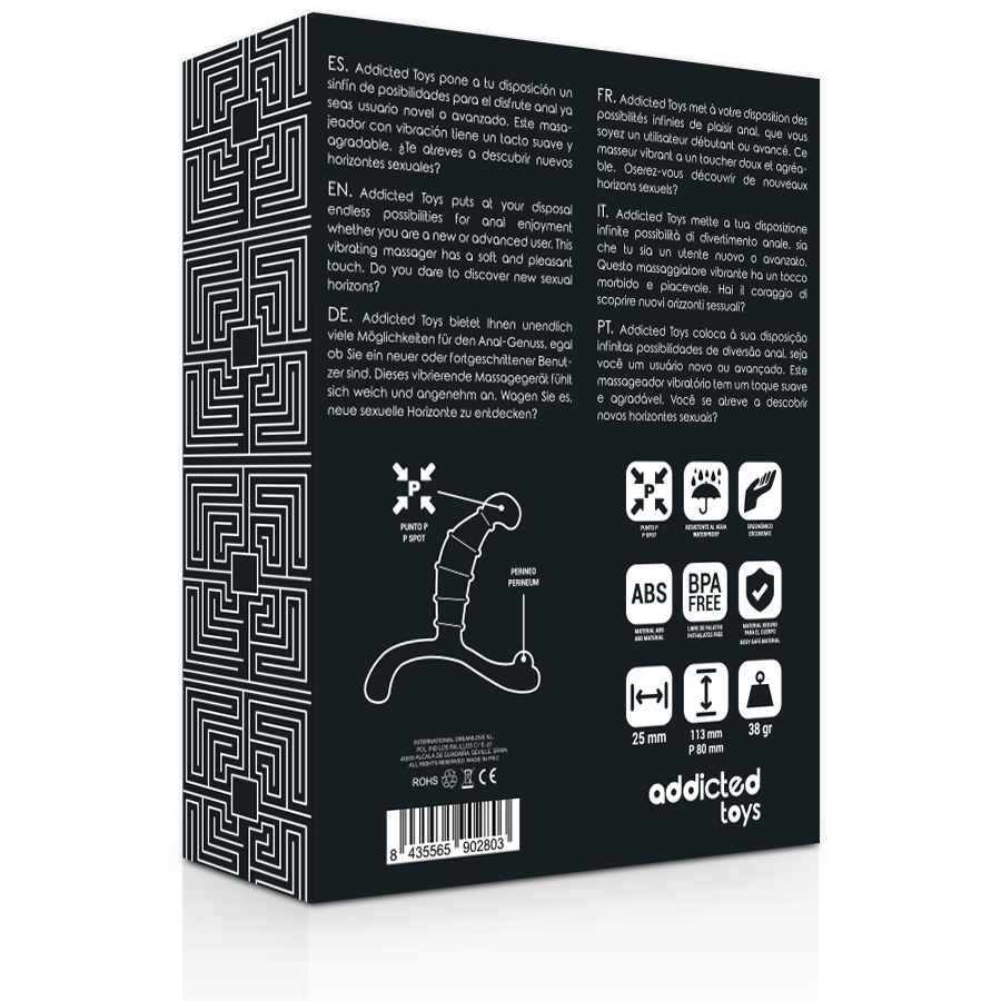 Dos du coffret Addicted Toys – caractéristiques du masseur prostate P-Spot