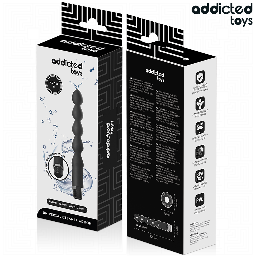 Boîte du nettoyeur anal Addicted Toys modèle 6 avec informations produit et adaptateur universel