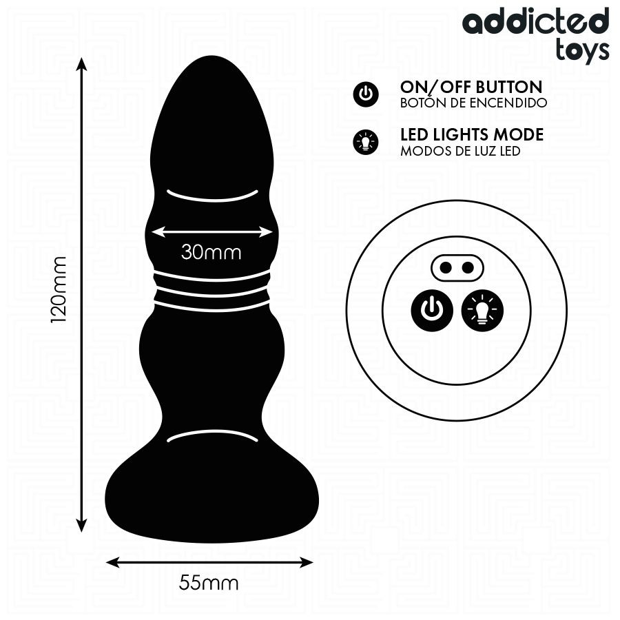 Dimensions du plug anal Addicted Toys : 120 mm de long et base de 55 mm