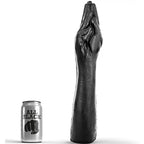 Poing réaliste géant noir All Black de 40 cm présenté à côté d’une canette pour l’échelle