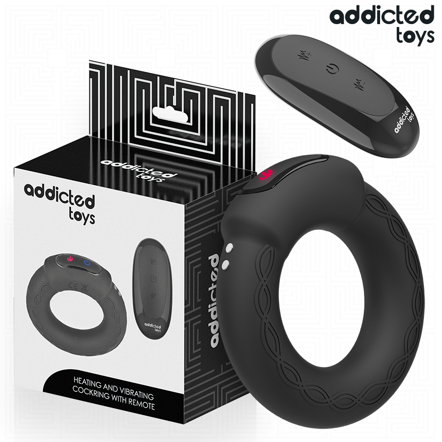 Anneau pénien vibrant chauffant Addicted Toys noir avec télécommande et boîte