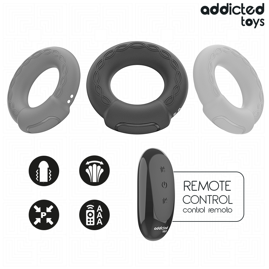 Anneau pénien vibrant Addicted Toys noir sous plusieurs angles avec télécommande