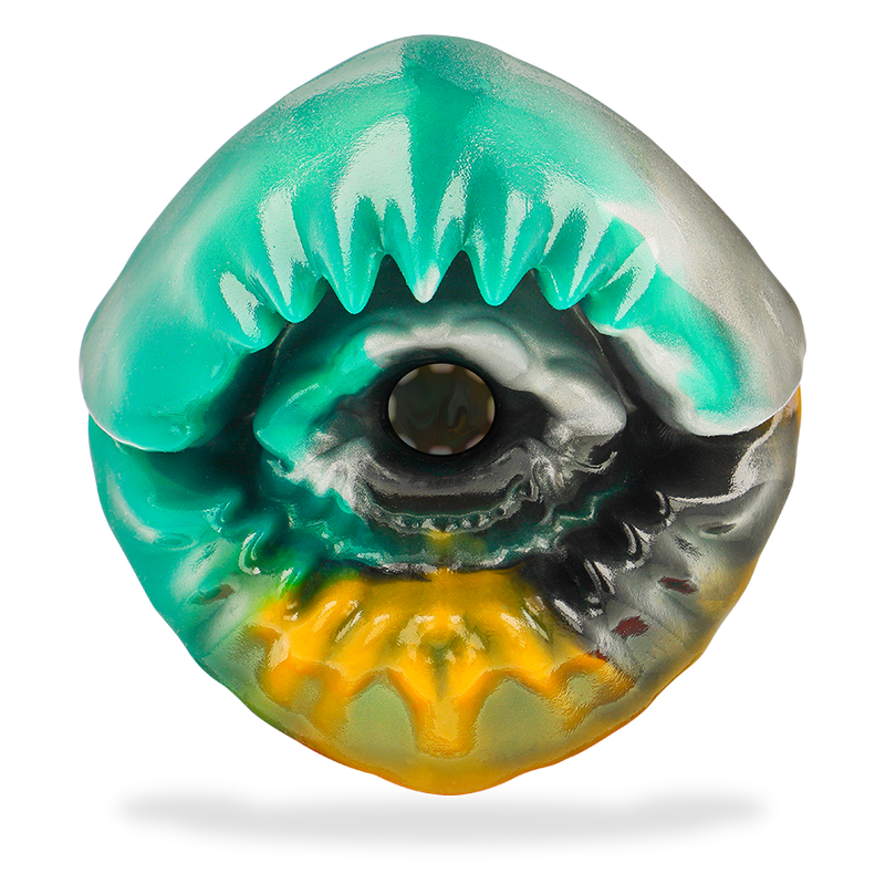 Vue de face du masturbateur Arges Cyclops Epic avec ouverture sculptée de 90 mm et finition turquoise, argent, noir et jaune