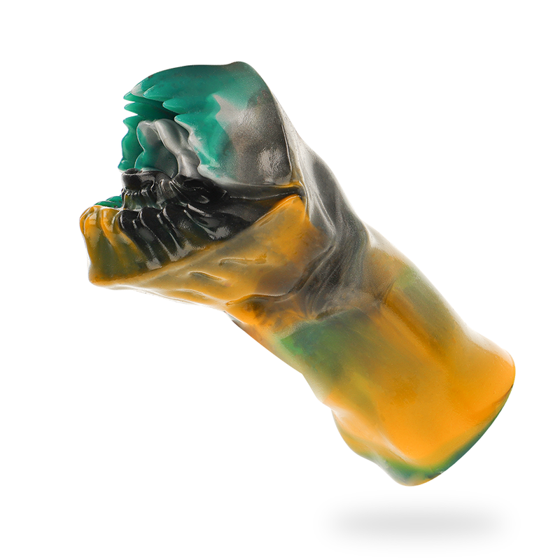 Arges Cyclops Epic vu en angle, masturbateur fantasy masculin en silicone flexible jaune, turquoise, argent et noir