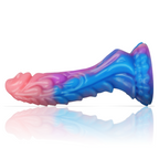 Vue horizontale du gode fantasy Ashtar Epic en silicone rose violet bleu