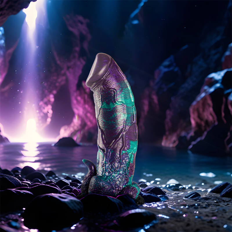 Basilisk Epic grande taille – gode fantasy violet et turquoise dans un décor de grotte mystique