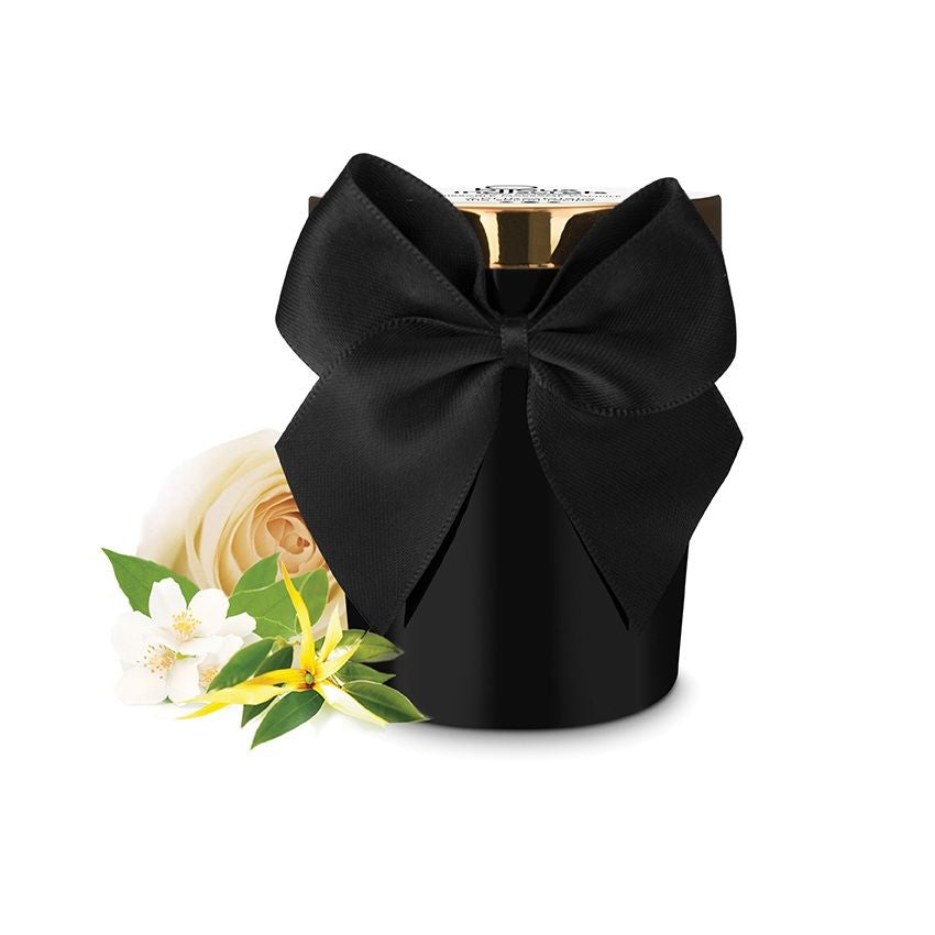 Pot fermé de la bougie de massage Melt My Cœur Aphrodisia avec ruban satiné noir et couvercle doré