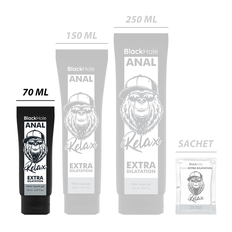 Comparatif des formats Black Hole Anal Relax 70 ml, 150 ml, 250 ml et sachet