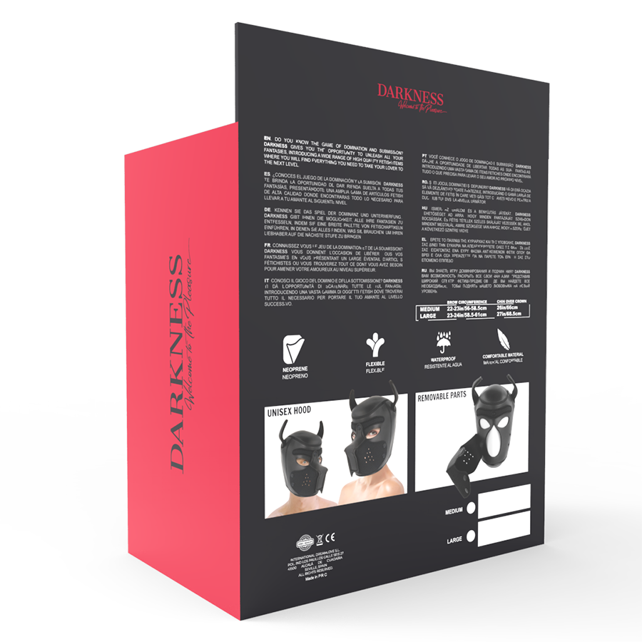 Boîte arrière et guide des tailles du masque puppy Darkness