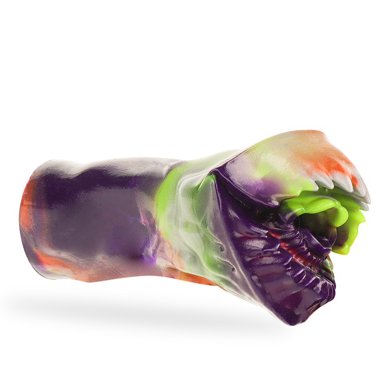 Vue de profil du masturbateur fantasy Brontes Cyclops Epic en silicone souple violet, vert et orangé