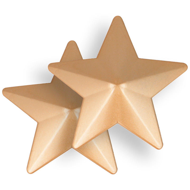 Deux cache-tétons dorés métalliques en forme d’étoile, vue de face