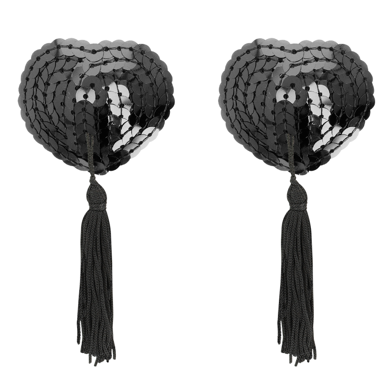 Paire de cache-tétons noirs pailletés en forme de cœur avec deux longs pompons noirs