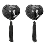 Paire de cache-tétons noirs pailletés en forme de cœur avec deux longs pompons noirs