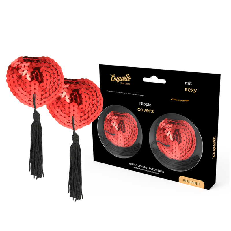 Cache-tétons rouges à sequins avec pompons noirs Coquette Chic Desire et emballage