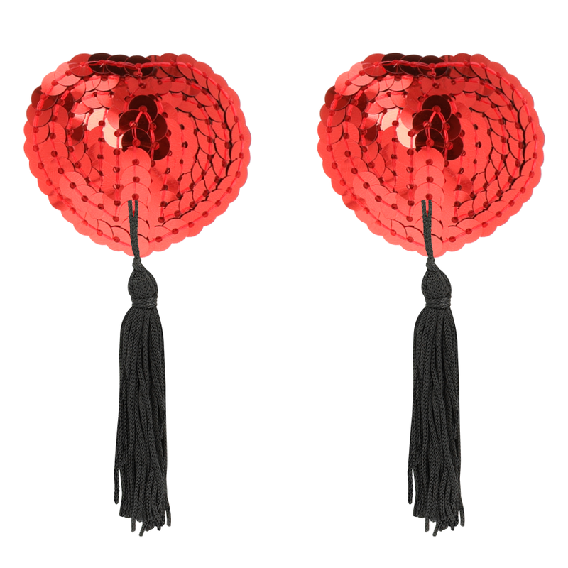 Paire de cache-tétons rouges à sequins avec pompons noirs sur fond blanc