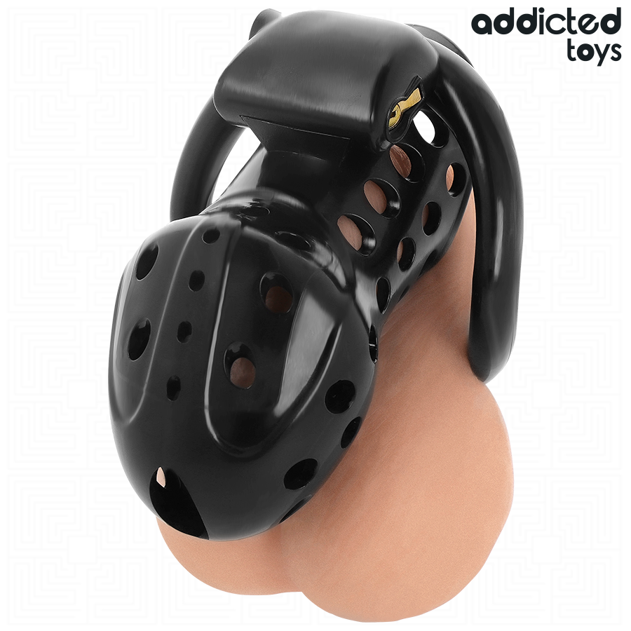 Cage à pénis Chained Hollow Addicted Toys présentée sur modèle anatomique de démonstration