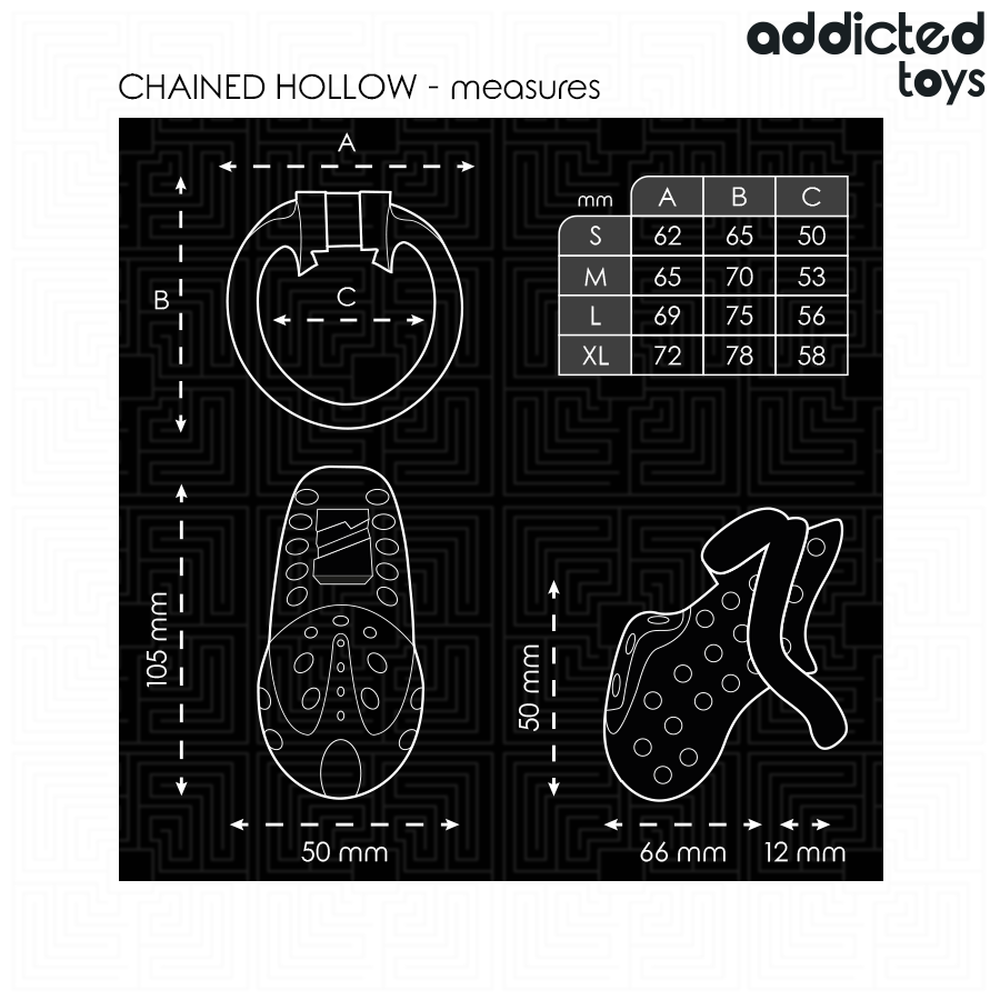 Dimensions de la cage à pénis Chained Hollow 10,5 cm et tailles des anneaux