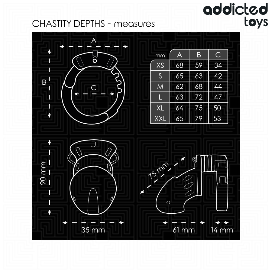 Dimensions de la cage à pénis Chastity Depths et anneau réglable 35 à 52 mm