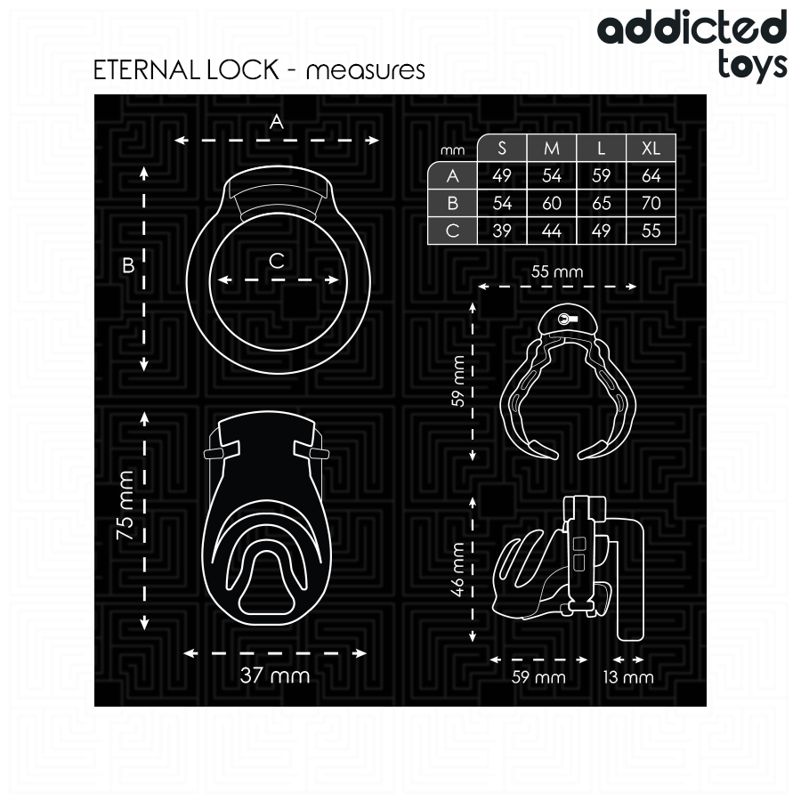 Dimensions de la cage à pénis Eternal Lock et tailles des quatre anneaux