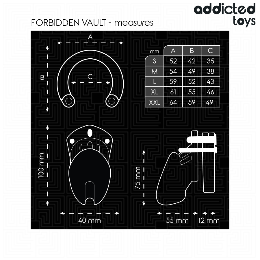 Dimensions de la cage à pénis Forbidden Vault et tailles des cinq anneaux