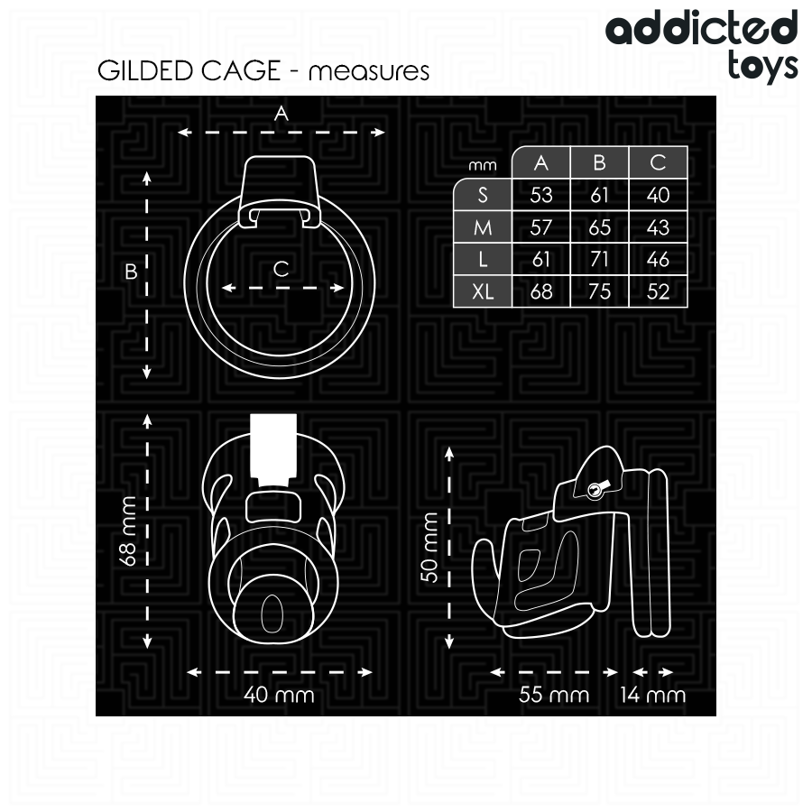 Dimensions de la cage à pénis Gilded Cage et tailles des quatre anneaux