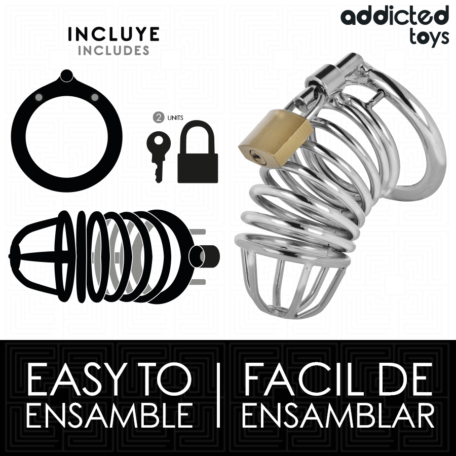 Contenu de la cage à pénis Iron Cell taille M avec anneau, cadenas et 2 clés