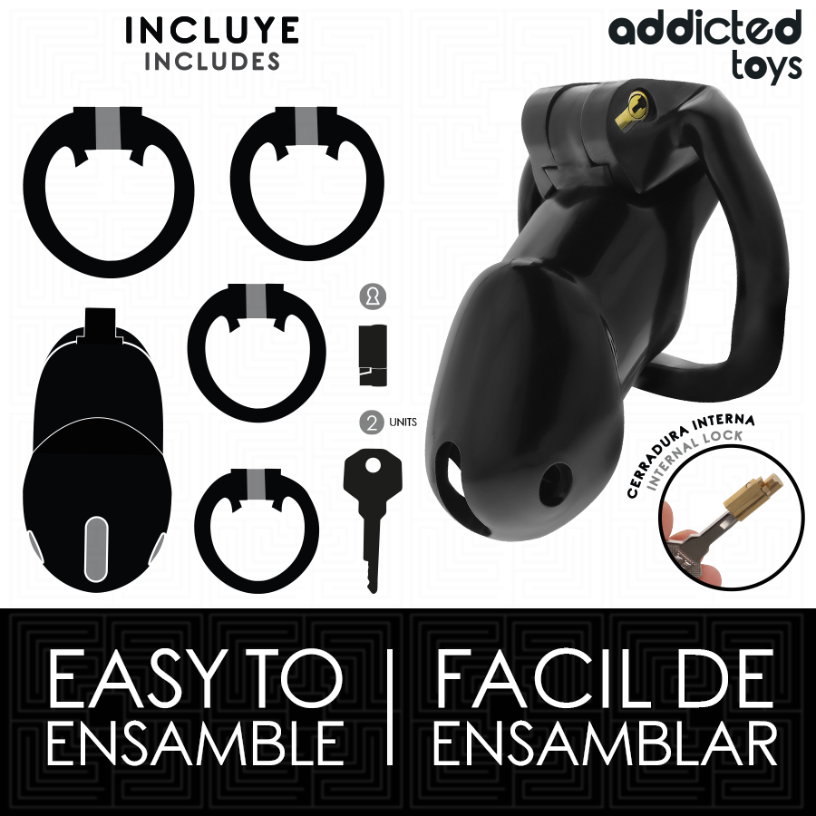 Cage à pénis Midnight Cell taille L Addicted Toys avec quatre anneaux et accessoires inclus