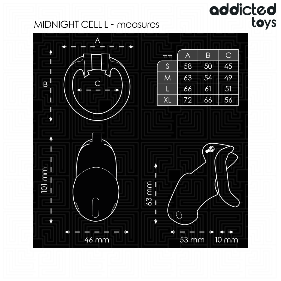 Dimensions de la cage à pénis Midnight Cell taille L et tailles des quatre anneaux