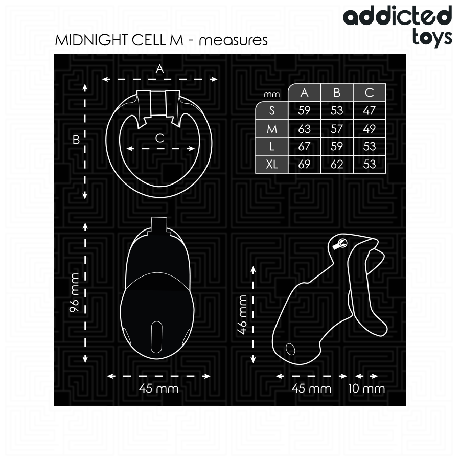 Dimensions de la cage à pénis Midnight Cell taille M et tailles des quatre anneaux