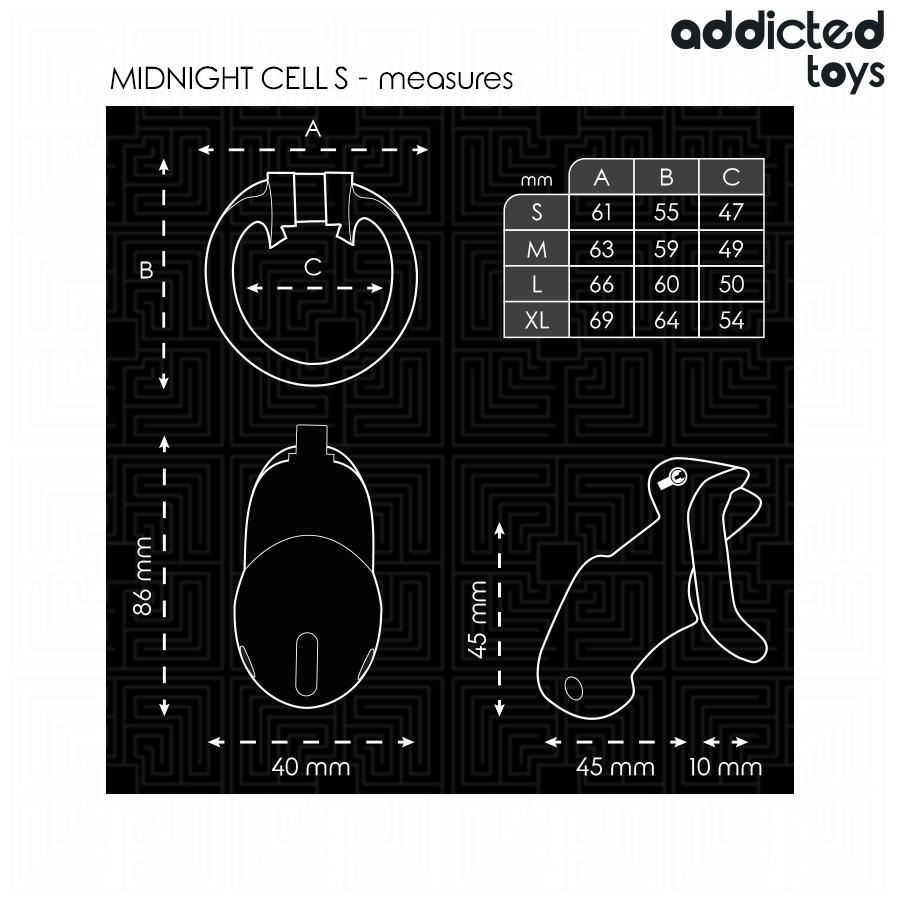 Dimensions de la cage à pénis Midnight Cell taille S et tailles des quatre anneaux