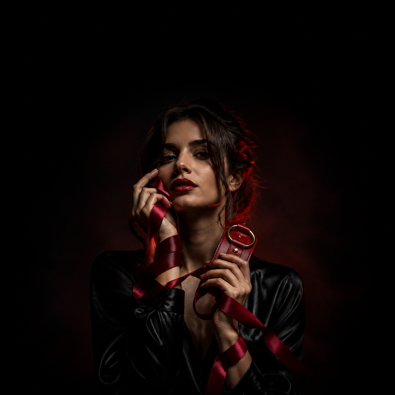 Portrait élégant avec collier intime en cuir rouge - univers fetish chic Coquette Sélection