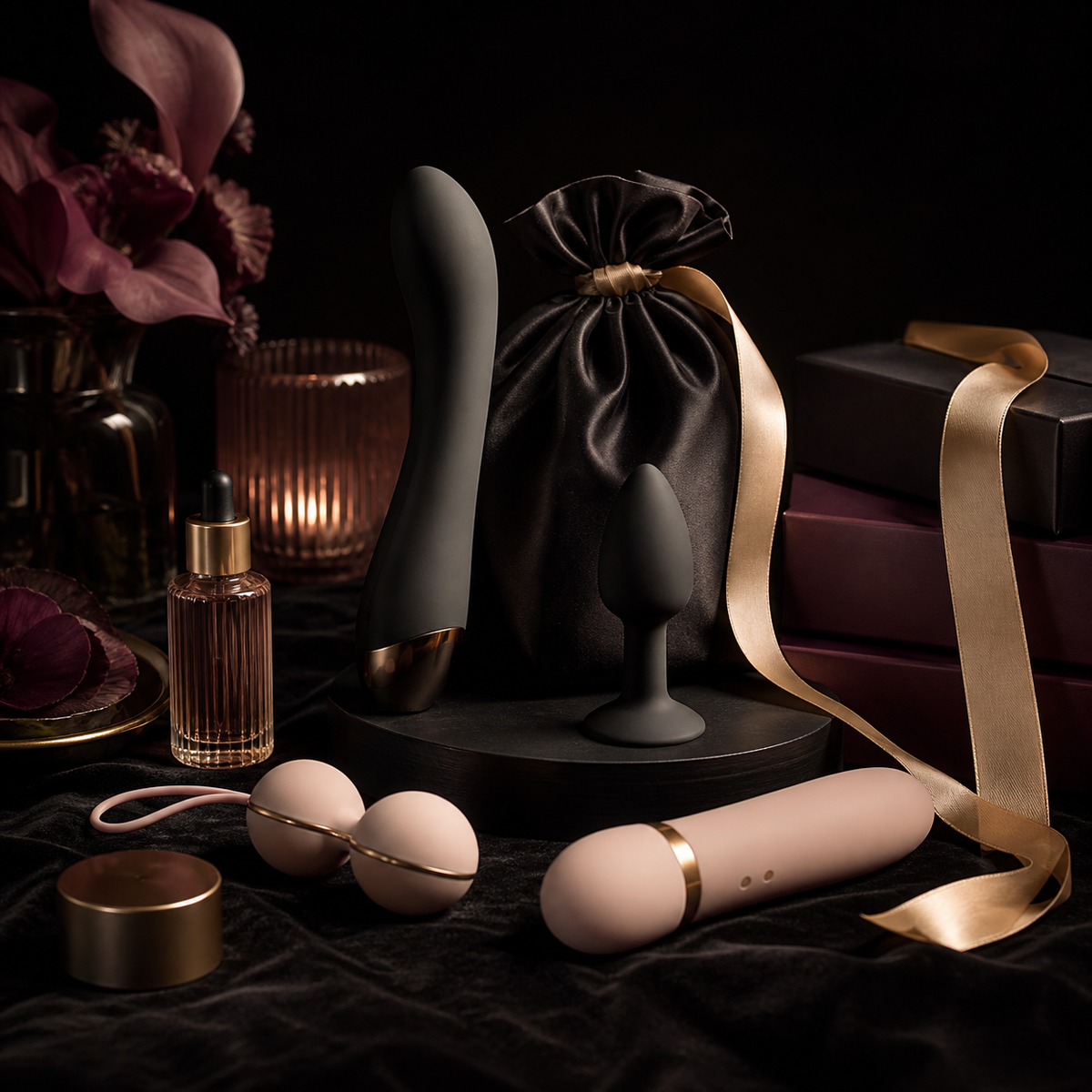 Sélection sextoys élégants - vibromasseur, plug anal et boules de geisha en coffret cadeau