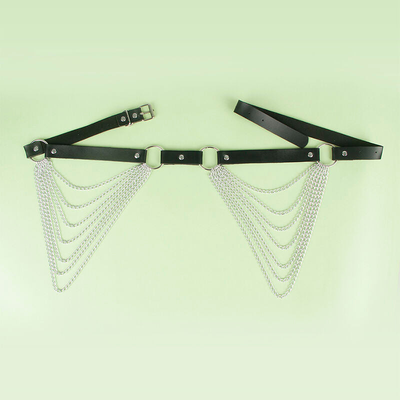Ceinture chaîne noire Subblime présentée à plat avec chaînes argentées